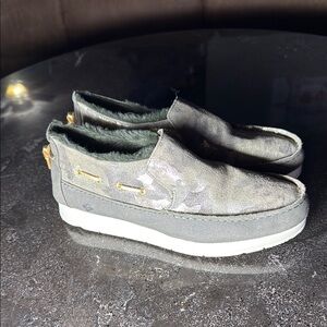 Sperry women’s Moc-sider metallic camo slip on shoes with faux fur lining